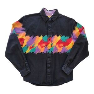 Vintage 80s 90s Roper Western Shirt Men's S Black Neon Brushstroke Rodeo Cowboy